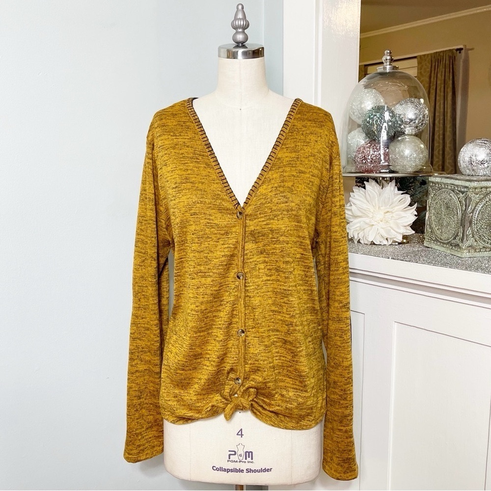 V-Neck Button Up Sweater with Elbow Patches Large